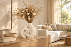 Beige Keramikvasen in Ringform mit Trockenblumen auf dem Sideboard
