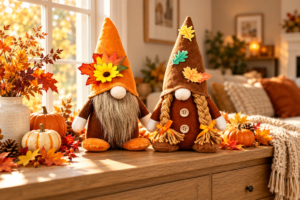 Zwei Herbstdeko-Wichtel mit Kürbissen und Herbstlaub auf dem Sideboard