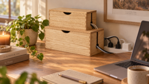 Kabelbox aus Massivholz mit Steckdosenleiste