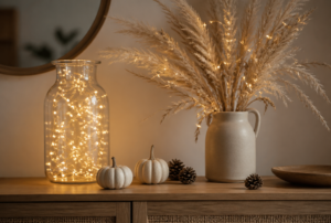 Glas mit warm leuchtender Micro-Lichterkette neben Pampasgras in einer Vase, kleinen weißen Kürbissen und Tannenzapfen