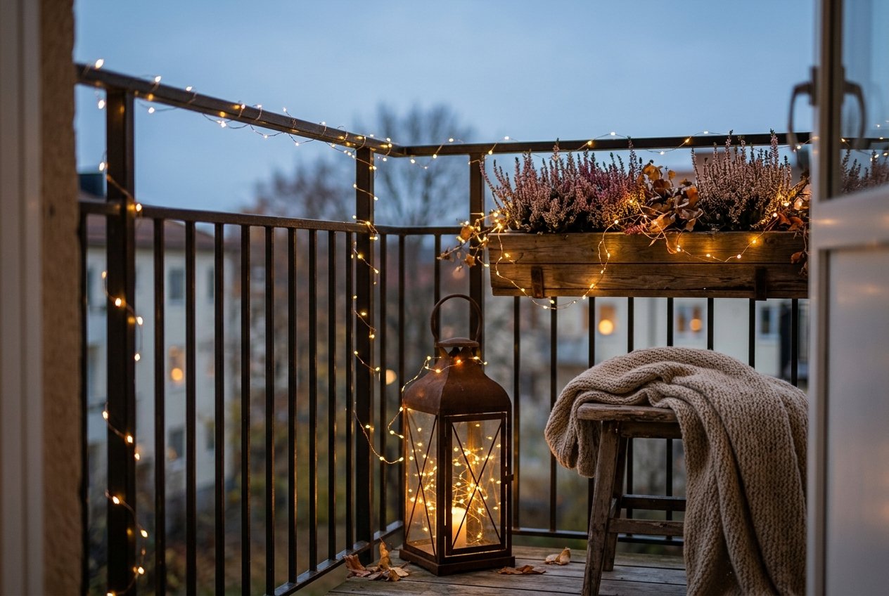 Lichterkette mit Batterie: 7 gemütliche Deko-Ideen ohne Steckdose 3 Balkon in der Dämmerung mit Laterne und Blumenkasten, umwickelt von einer warm leuchtenden Micro-Lichterkette