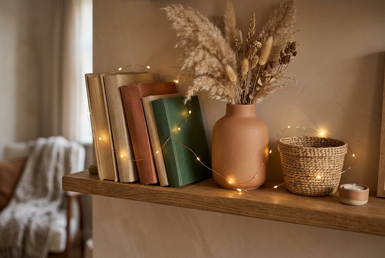 Lichterkette mit Batterie: 7 gemütliche Deko-Ideen ohne Steckdose 2 Holzregal mit warm leuchtender Micro-Lichterkette zwischen Büchern, Vase mit Pampasgras und Korb
